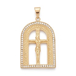 Golden Easter 304 Stainless Steel Big Pendants, with Crystal Rhinestone, Window with Crucifix Cross, Golden, 59x39.5x5mm, Hole: 6.5x12mm