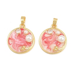 Red Brass Enamel Pendants, with ABS Plastic Imitation Pearl, Flat Round Charms, Real 18K Gold Plated, Red, 21.5x18.5x6.5mm, Hole: 4x3mm