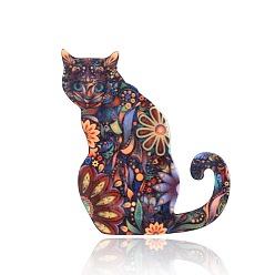 Colorful Acrylic Flower Print Cat Brooch, for Backpack Clothes, Colorful, 60x50mm