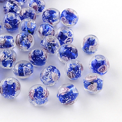 Blue Handmade Luminous Inner Flower Lampwork Beads, Round, Blue, 12mm, Hole: 2mm
