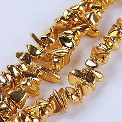 Golden Plated Electroplate Non-magnetic Synthetic Hematite Beads Strands, Chip, Grade AA, Golden Plated, 5~12x3~7mm, Hole: 0.5mm, about 97pcs/strand, 13.7 inch