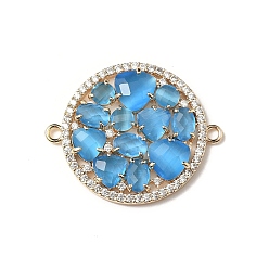 Светло-Голубой Латунные микро-паве прозрачные кубические цирконии и стеклянные плоские круглые подвески-соединители, реальный 18 k позолоченный, стойки покрытие, долговечный, без кадмия и без свинца, Небесно-голубой, 34x28x4 мм, отверстие : 2 мм