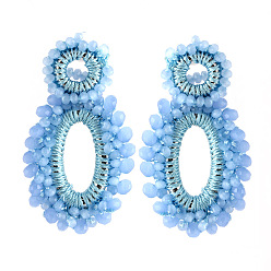 Azul Cielo Pendientes trenzados con diamantes de imitación para mujer., oval, estilo bohemio, luz azul cielo, 70x43 mm
