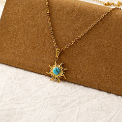 Солнце Винтажные ожерелья с подвесками из настоящей 18K-позолоченной 304 нержавеющей стали и синтетической бирюзы для женщин, простой и элегантный, солнце