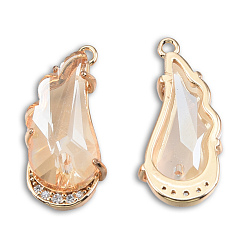 Bisque K9 Glass Pendants, with Light Gold Plated Brass Findings and Clear Cubic Zirconia, Cadmium Free & Lead Free, Faceted, Wing, Bisque, 25x12x6mm, Hole: 1.5mm