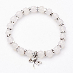 Natural Agate Natural Agate Charm Bracelets, Stretch Bracelets, with Alloy Dragonfly Pendants, Antique Silver, 2-1/4 inch(57mm)