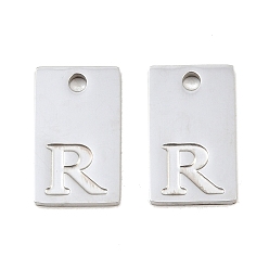 Letter R 304 Stainless Steel Pendants, Rectangle with Letter Charms, Stainless Steel Color, Letter R, 16x10x1.4mm, Hole: 1.8mm
