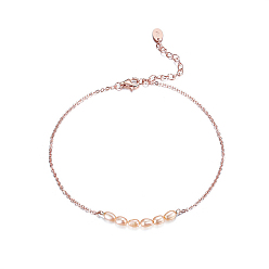 Real Rose Gold Plated 925 Sterling Silver Cable Chain Anklet with Natural Freshwater Pearls, Women's Jewelry for Summer Beach, with S925 Stamp, Real Rose Gold Plated, 8-1/4 inch(21cm)
