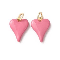Pink Латунь эмаль подвески, сердце прелести, долговечный, реальный 18 k позолоченный, стойки покрытие, без свинца и без кадмия, розовые, 14x10x2.7 мм, отверстие : 3.5 мм