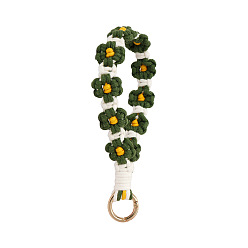 Dark Green Handmade Macrame Woven Cotton Flower Pendant Decorations, Boho Weave Wristlet with Golden Tone Alloy Clasp, Dark Green, 135mm