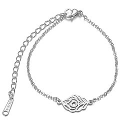 Stainless Steel Color 201 Stainless Steel Link Bracelets, with Cable Chains and Lobster Claw Clasps, Feather, Stainless Steel Color, 6-1/8 inch~6-7/8 inch(15.6~17.6cm), 1.5mm