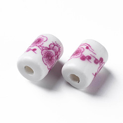 Camellia Handmade Porcelain Beads, Famille Rose Style, Column with Flower Pattern, Camellia, 12.5x8.5mm, Hole: 3mm