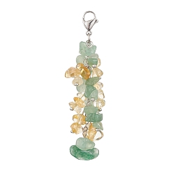 Mixed Stone Natural Green Aventurine & Citrine Chip Beaded Pendant Decorations, 304 Stainless Steel Lobster Claw Clasps, 66~69mm