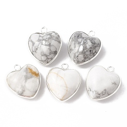 Howlite Natural Howlite Pendants, with Silver Color Plated Brass Findings, Heart Charms, 18~19x15~17x7~10mm, Hole: 2mm