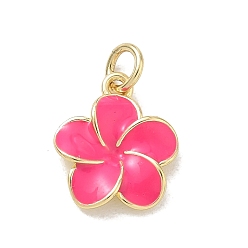 Hot Pink Brass Enamel Pendants, Flower Charms, Rack Plating, Long-Lasting Plated, Cadmium Free & Lead Free, Real 18K Gold Plated, Hot Pink, 15x12.5x3.5mm, Hole: 3mm