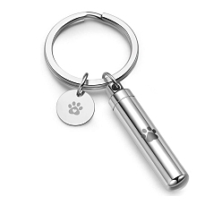 Stainless Steel Color Column Openable Pet Memorial Urn Ashes Stainless Steel Pendant Keychain, Flat Round with Paw Print Keychain, Stainless Steel Color, Column: 38x8mm, Flat round: 15mm in diameter, Ring: 25mm