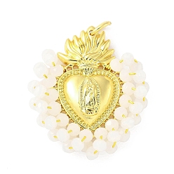 Белый Латунь стекло кулоны, Сердце с Девой Марией, с петлей, долговечный, без кадмия и без свинца, стойки покрытие, реальный 18 k позолоченный, граненые, белые, 35.5x30.5x8 мм, отверстие : 5.6 мм