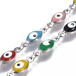 Stainless Steel Color 304 Stainless Steel Enamel Chains, Soldered, Oval with Evil Eye, Colorful, Stainless Steel Color, 15x5.5x3.5mm