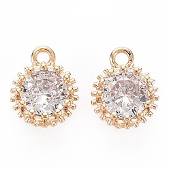 Clear Brass Micro Pave Cubic Zirconia Charms, Nickel Free, Real 18K Gold Plated, Faceted Flat Round, Clear, 9x7x4mm, Hole: 1.2mm