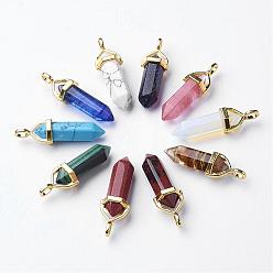 Mixed Stone Syntheti Mixed Stone Double Terminated Pointed Pendants, Dyed, with Random Alloy Pendant Hexagon Bead Cap Bails, Bullet, Golden, 37~40x12.5x10mm, Hole: 3x4.5mm
