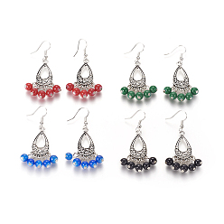 Mixed Color Tibetan Style Chandelier Earrings, Antique Dangling Earring, with Baking Painted Glass Beads and Brass Earring Hooks, Mixed Color, 55mm