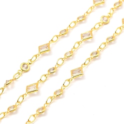 Real 18K Gold Plated Brass Flat Round & Rhombus Link Chains, with Clear Cubic Zirconia, Lead Free & Cadmium Free, Soldered, with Spool, Real 18K Gold Plated, 8x3.5x1.5mm, 10.5x6x2mm