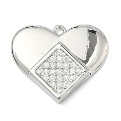 Платина Латунные микропаве прозрачные подвески с фианитом, сердце прелести, без кадмия и без свинца, долговечный, стойки покрытие, платина, 18x21x3 мм, отверстие : 1.5 мм