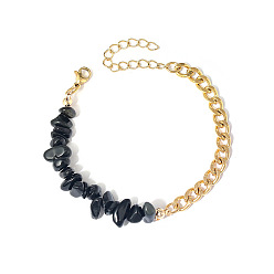 Black Agate Natural Black Agate Beaded Bracelets, with Stainless Steel Chains, 6-3/4 inch(17cm)