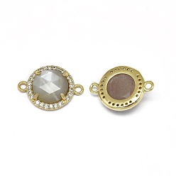 Sunstone Natural Sunstone Links connectors, with Brass Findings and Cubic Zirconia, Faceted, Half Round, Golden, 18~18.5x13~13.5x4~4.5mm, Hole: 1.5mm