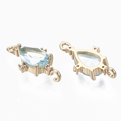 Pale Turquoise Glass Links connectors, with Brass Micro Pave Cubic Zirconia, Faceted, Teardrop, Light Gold, Pale Turquoise, 20x10.5x6mm, Hole: 1.2mm