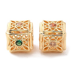 Real 18K Gold Plated Brass Beads, with Glass, Hollow Cube, Real 18K Gold Plated, 11x11x10mm, Hole: 1.2mm