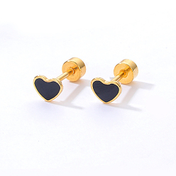 Black Heart Stainless Steel Stud Earring, with Enamel, Real 18K Gold Plated, Black, 6x6mm