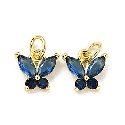 Dark Blue Rack Plating Brass Inlaid Cubic Zirconia Charms, with Jump Rings, Cadmium Free & Lead Free, Golden, Butterfly, Dark Blue, 10x10x3.5mm, Hole: 3.4mm