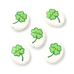 Клевер Фарфоровые бусины ручной работы, овальные, напечатанный, клевер, 20.5~21.5x16.5~17.5x7.5 мм, отверстие : 3 мм