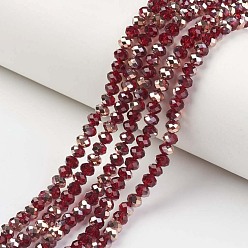 Rouge Foncé Plaquent verre transparent perles brins, la moitié du cuivre plaqué, facette, rondelle, rouge foncé, 3.5x3mm, Trou: 0.4mm, Environ 123~127 pcs/chapelet, 13.7~14.1 pouce (35~36 cm)