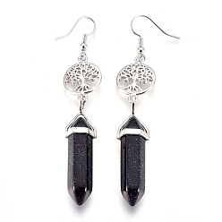 Blue Goldstone Pointed Bullet Synthetic Blue Goldstone Dangle Earrings, with Brass Earring Hooks and Flat Round with Tree of Life Links, Platinum, 76mm, Pin: 0.7mm