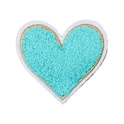 Cyan Towel Embroidered Patch, Love Heart Embroidery Chenille Appliques, Iron-on Clothing Apparel Decoration, Cyan, 75x70mm