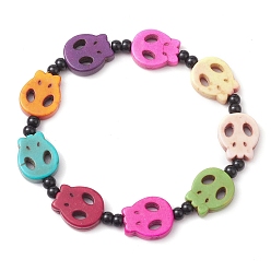 Colorful Dyed Synthetic Turquoise Halloween Skull Beaded Stretch Bracelets, Colorful, Inner Diameter: 6.2cm