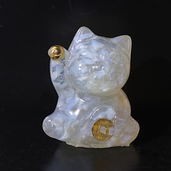 Opalite Décorations d'exposition artisanales en copeaux d'opalite et en résine, figurine de chat porte-bonheur, pour la maison ornement feng shui, 63x55x45mm