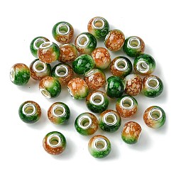 Green Two Tone Glass European Beads, Large Hole Beads, with Silver Tone Brass Double Cores, Rondelle, Green, 15x11mm, Hole: 5mm