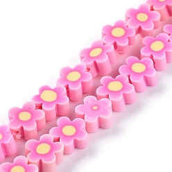 Pink Handmade Flower Printed Polymer Clay Beads Strands, Flower, Pink, 9.6x4mm, Hole: 1.4mm, about 38pcs/Strand, 12.99''(33cm)