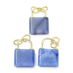 Blue Aventurine Natural Blue Aventurine Pendants, with Golden Brass Findings and Jump Rings, Cadmium Free & Lead Free, Lock, 27x18x5.5mm, Hole: 6mm