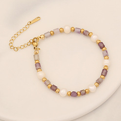 5# Amethyst Bohemian Natural Stone Pearl Bracelet - Fashionable Beaded Jewelry B408