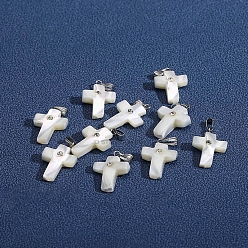 White Natural White Shell Pendants, Cross Charms with Platinum Plated Metal Snap on Bails, White, 20x14x4mm