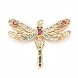 Real 18K Gold Plated Rack Plating Brass Colorful Cubic Zirconia Pendants, Cadmium Free & Nickel Free & Lead Free, Long-Lasting Plated, Autumn Charms, Dragonfly, Real 18K Gold Plated, 37.5x45x3mm, Jump Ring: 5x1mm, Inner Diameter: 3mm
