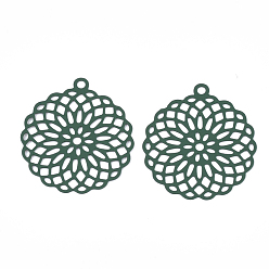 Green 430 Stainless Steel Filigree Pendants, Spray Painted, Etched Metal Embellishments, Flower, Green, 30x27x0.3mm, Hole: 1.8mm