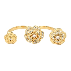 Real 18K Gold Plated Brass Double Finger Rings, Open Cuff Rings, Cubic Zirconia Peony Flower Ring for Women, Real 18K Gold Plated, 3mm, Inner Diameter: 16mm & 18mm