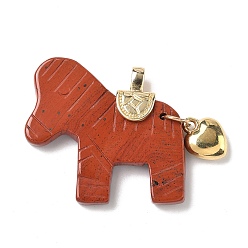 Красный Камень Резные подвески из натуральной красной яшмы, Подвески в виде лошади с латунным сердцем, золотые, 37.5~38.5x38.5~42x8~8.5 мм, отверстие : 5.5x3.5 мм