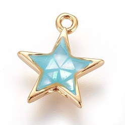 Sky Blue Brass Enamel Charms, with Freshwater Shell, Star, Golden, Sky Blue, 13x11x2.5mm, Hole: 1.2mm