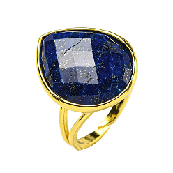 Lapis Lazuli Teardrop Natural Lapis Lazuli Open Cuff Rings, Golden Plated Brass Ring for Unisex, Inner Diameter: Adjustable